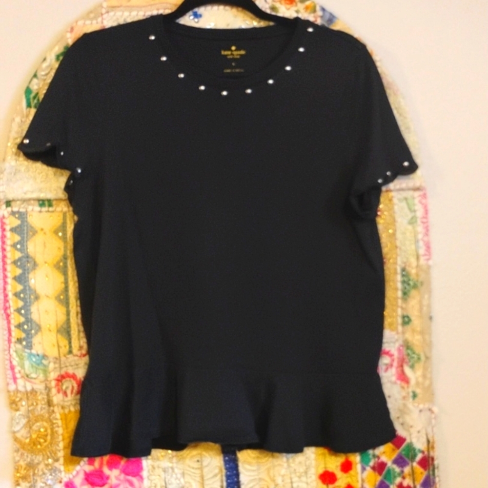 kate spade Black Short Sleeve Top with Pearl Trim and Ruffle Hem